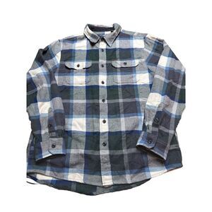 Orvis‎ Mens Button Shirt Jacket Shacket Blue Plaid Heavyweight Flannel Logo Sz L
